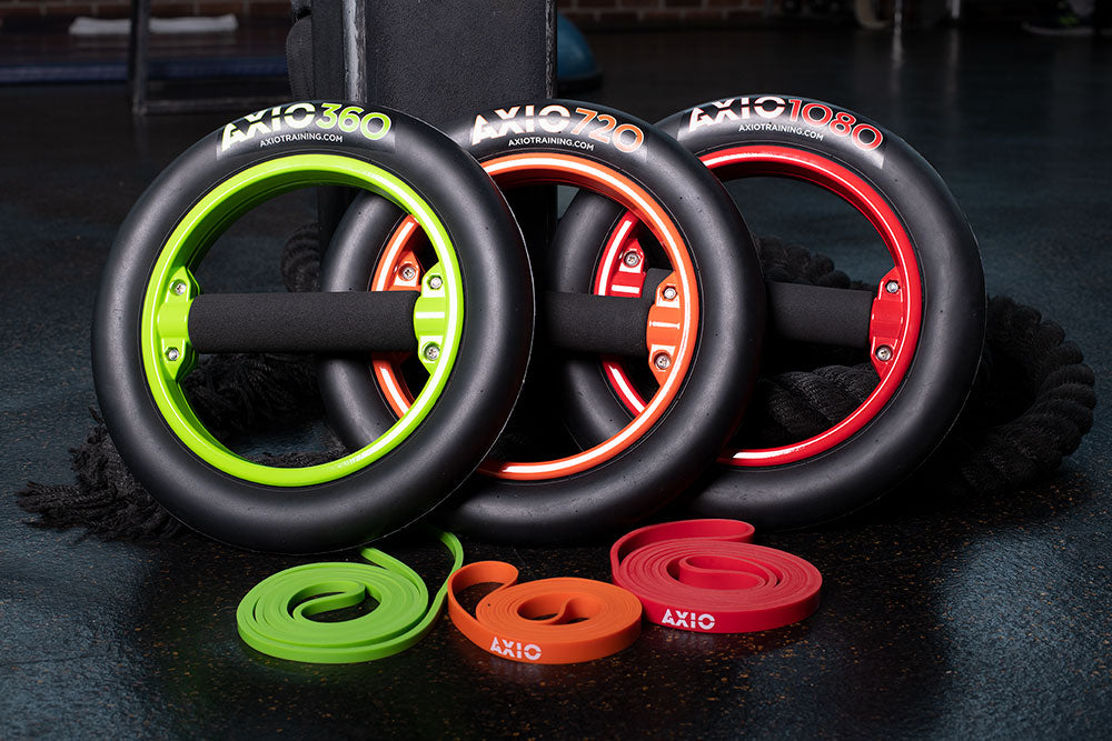 Three (3) AXIO's:  One (1) AXIO360  Introductory Single-Mass System  One (1) AXIO720  Advanced Dual-Mass System  One (1) AXIO1080  Expert Triple- Mass System     Three (3) AXIO Infinity Bands:  One (1) Green Infinity Band - light resistance  One (1) Orange Infinity Band - moderate resistance  One (1) Red Infinity Band - heavy resistance